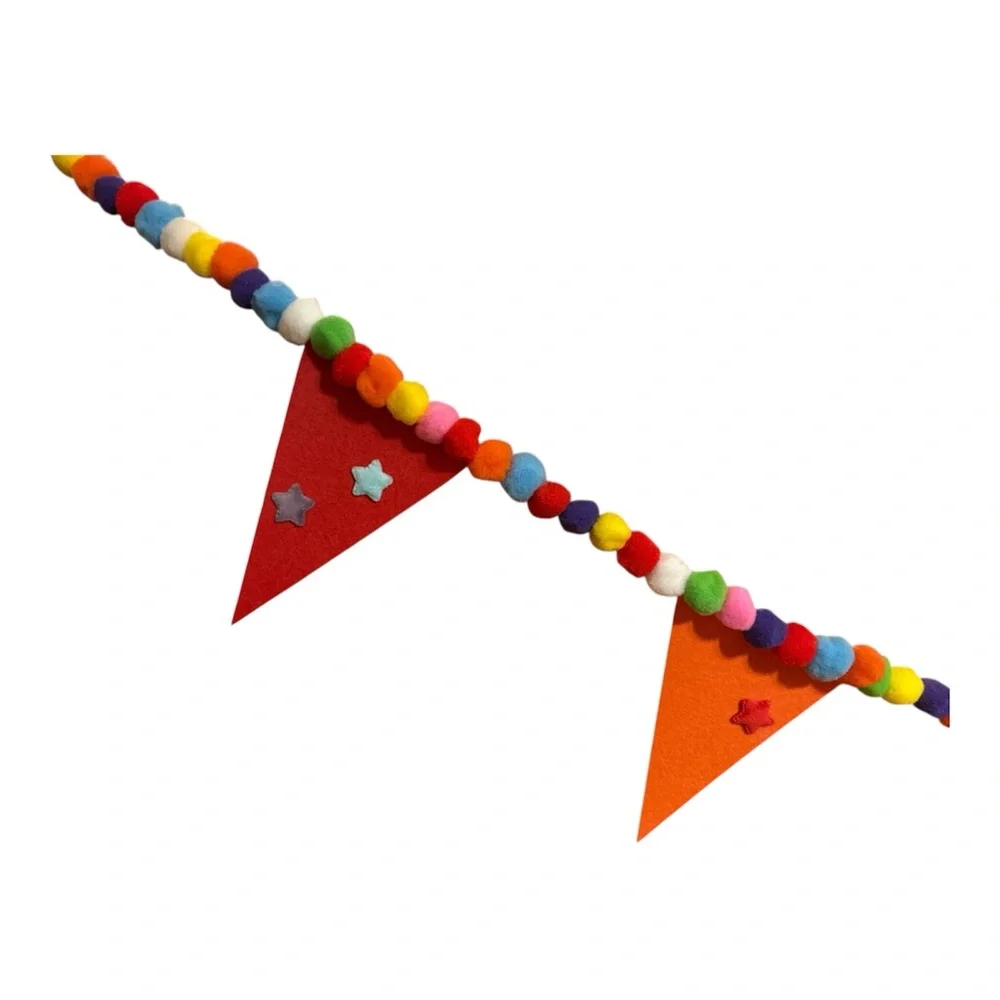 6 ft Birthday Flags Banners Stars Pom Pom Garland Handmade Clear Stretchy Line